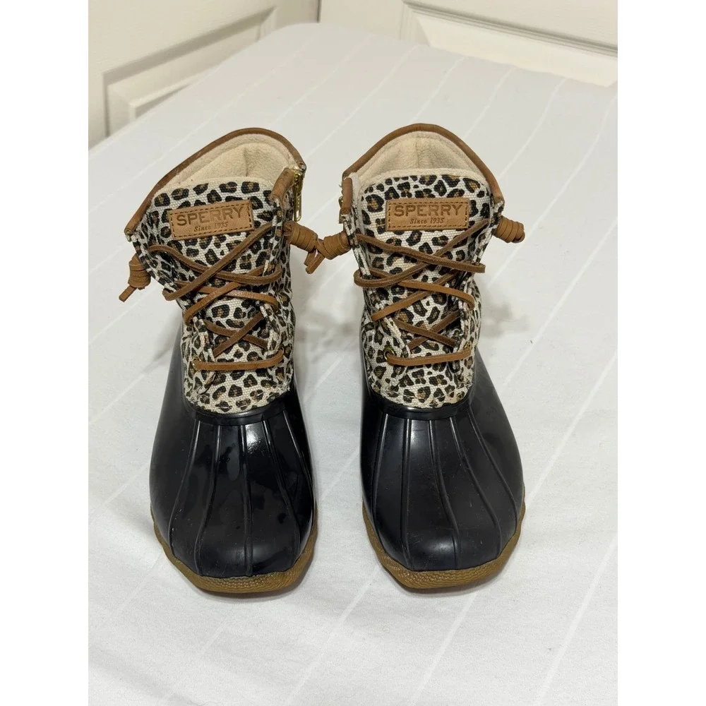 Sperry Saltwater Leopard Print Duck Boots Black Tan Womens 6 STS85919